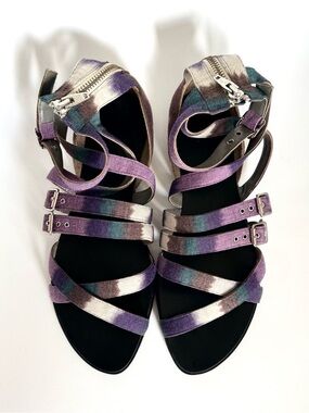 New Handmade Multi-Tone Purple Tie-Dye Fabric Strappy Flat Sandals NYC Designer